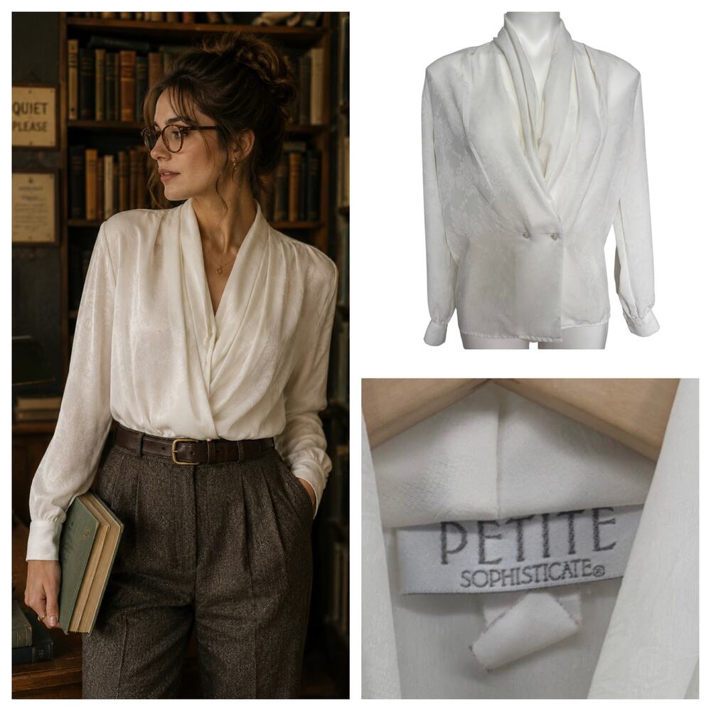 Vintage Petite Sophisticate Ivory Draped Top Euro Summer Librarian Academia